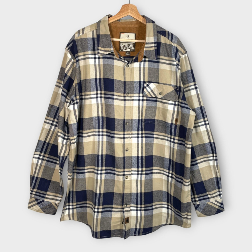 Legendary Whitetails Buck Camp Flannel Shirt XL TALL Blue Plaid 100% Cotton Camp